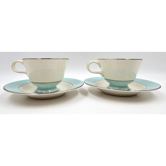 Sevron Powder Blue Lace Tea Coffee Cup Saucer Silver Trim 1950's Set of 2 - Picture 5 of 16